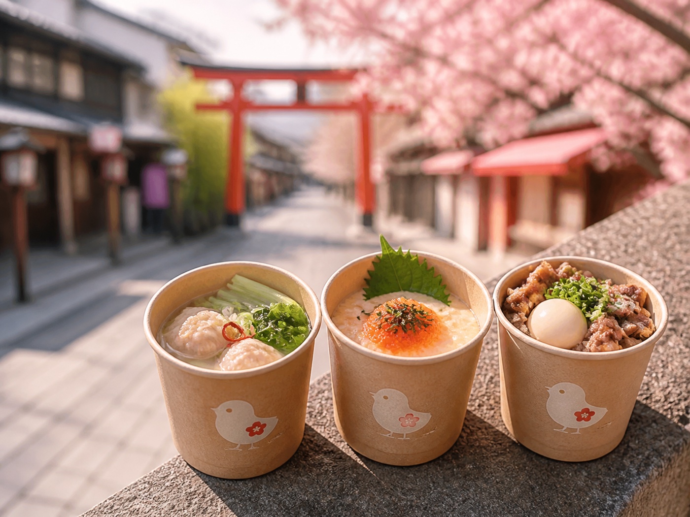 参道と鳥居を背景に並ぶカップ入りメニュー