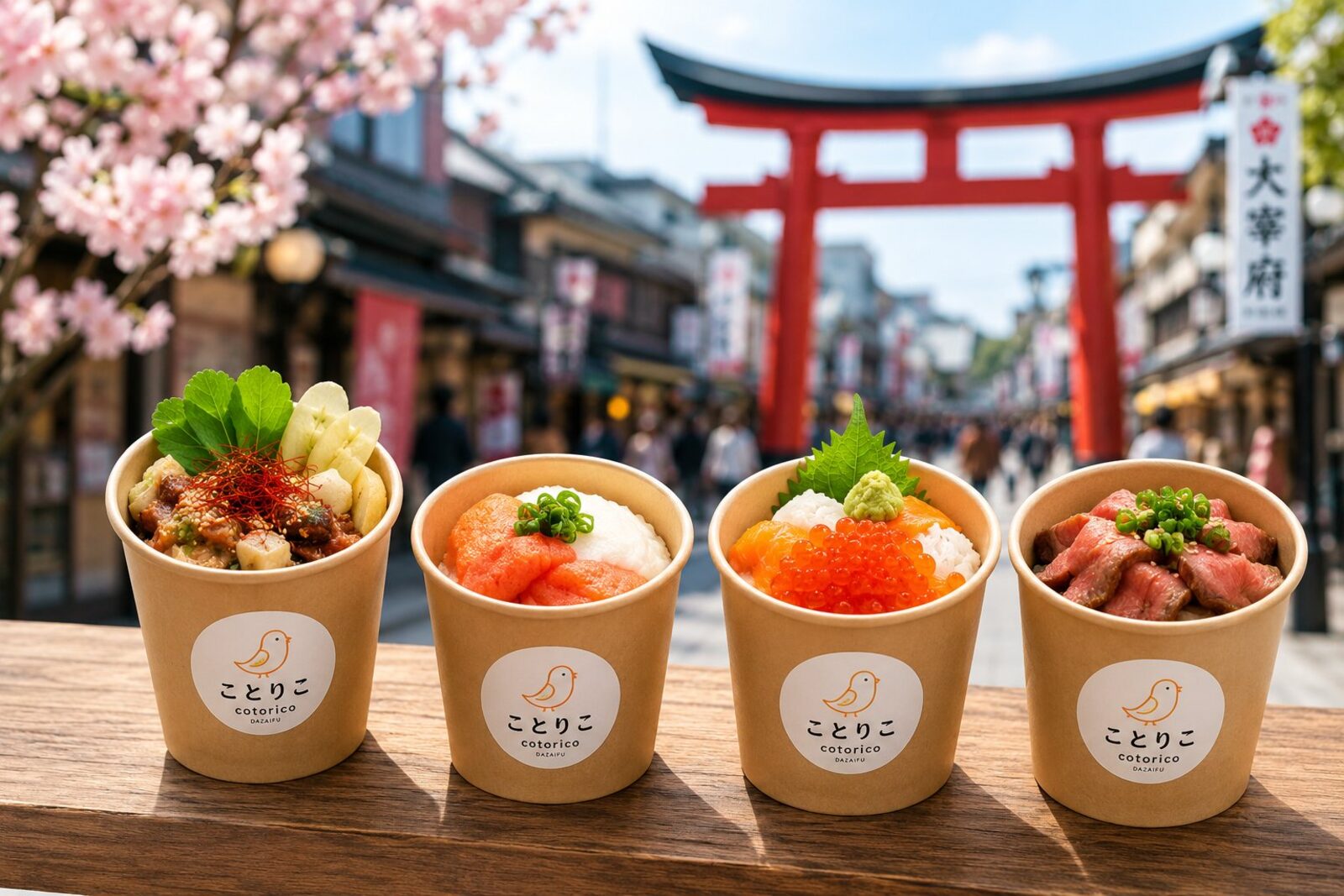 ことりこのワンカップ商品。もつ鍋・明太とろろ・海鮮・肉丼のカップが太宰府の参道に並ぶ